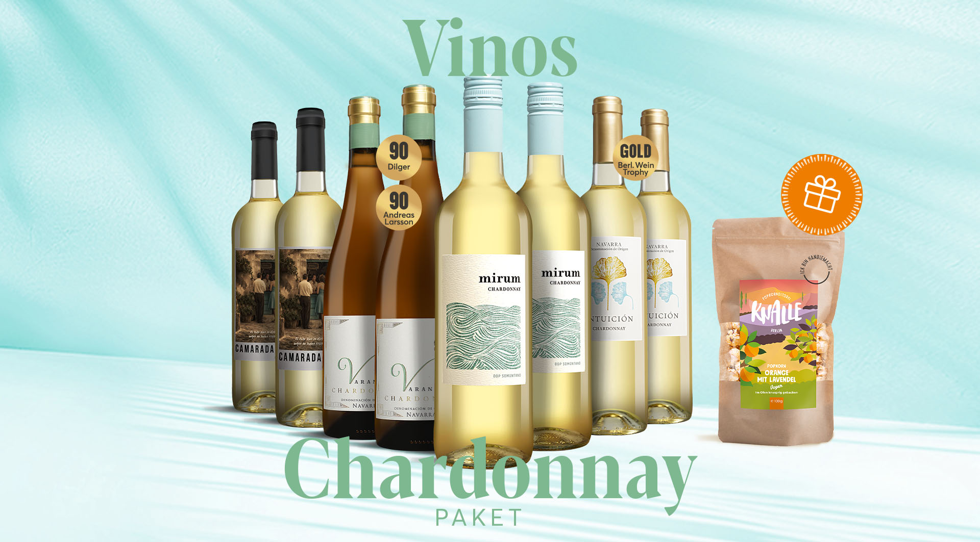 Vinos Chardonnay Paket mit Knalle Popkorn