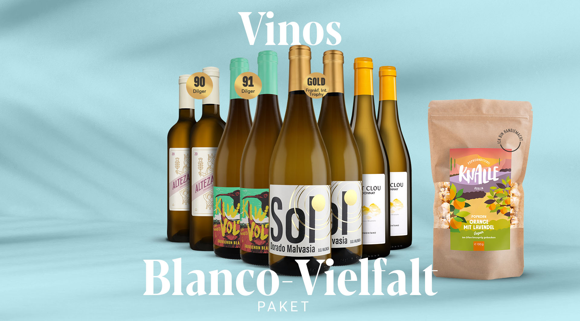 Blanco-Vielfalt Paket (4x2 Weißweine + Popkorn)