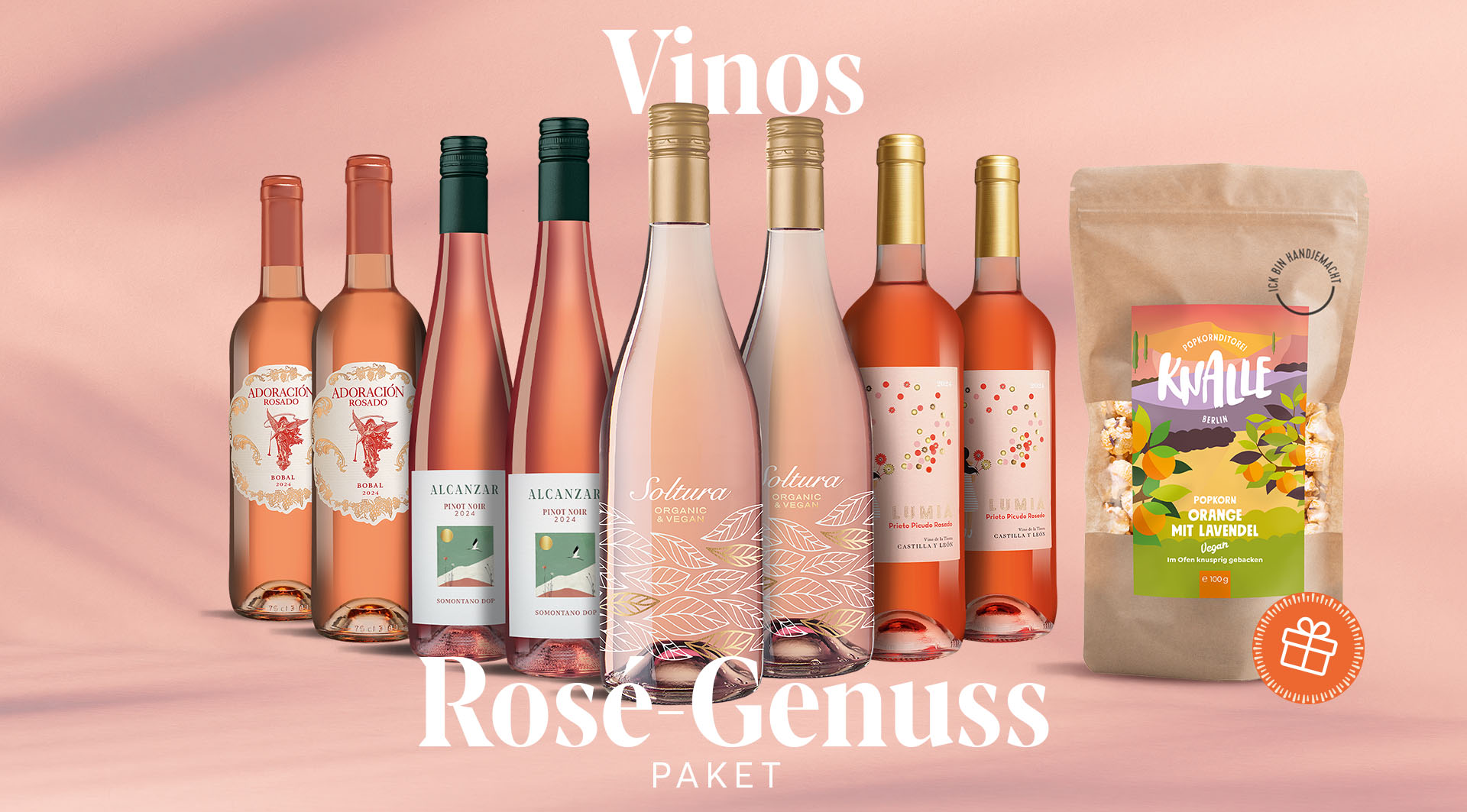 Vinos Rosé-Genuss Paket mit Knalle Popkorn